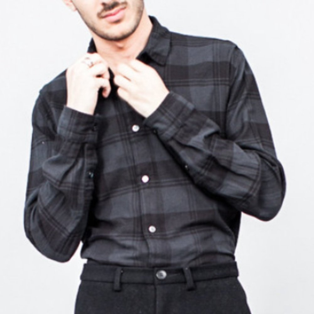 Robert Geller CHARCOAL BLACK Plaid Flannel Button Down